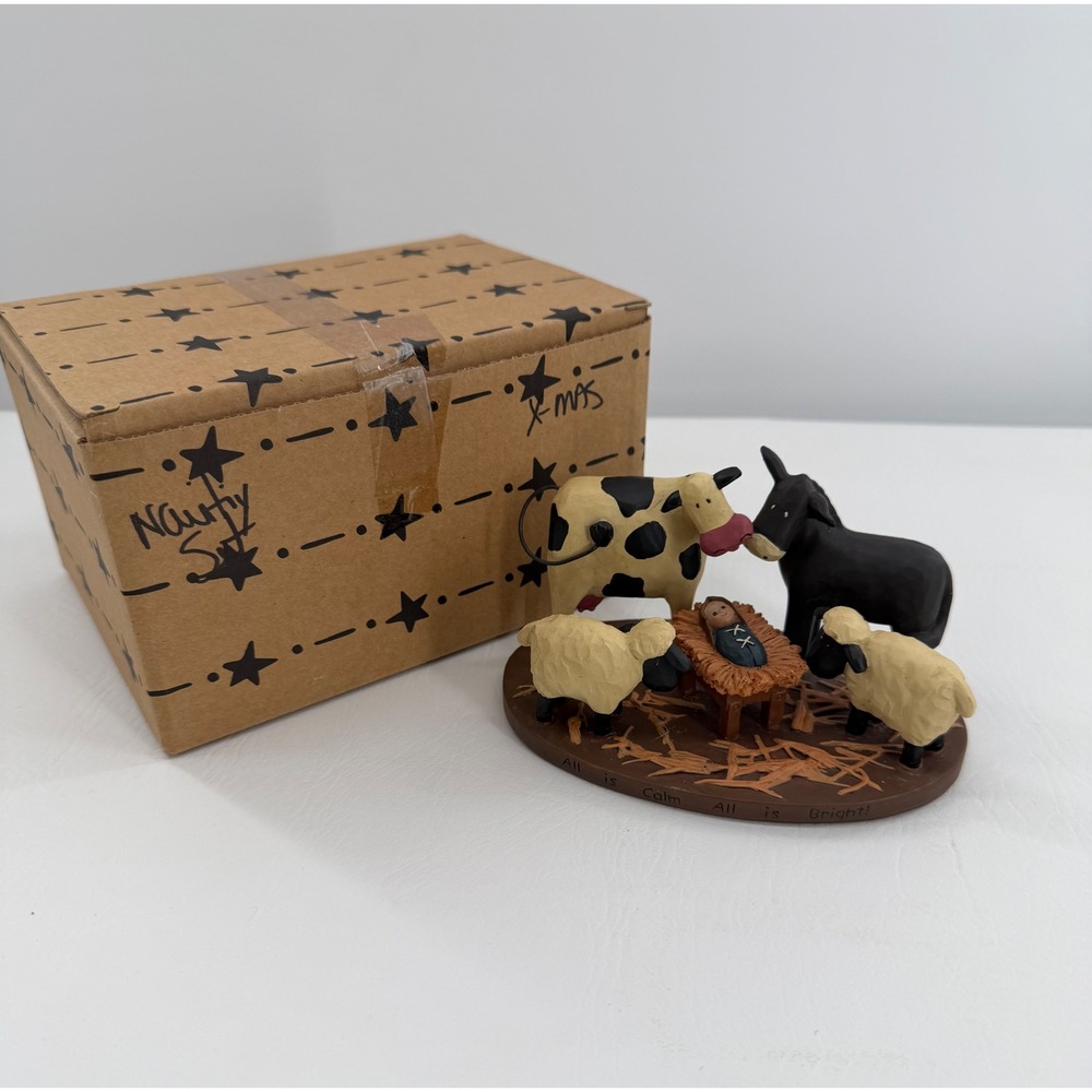 Blossom Bucket Animal Nativity Set Figurine Folk Art Cow Donkey Sheep Baby Jesus